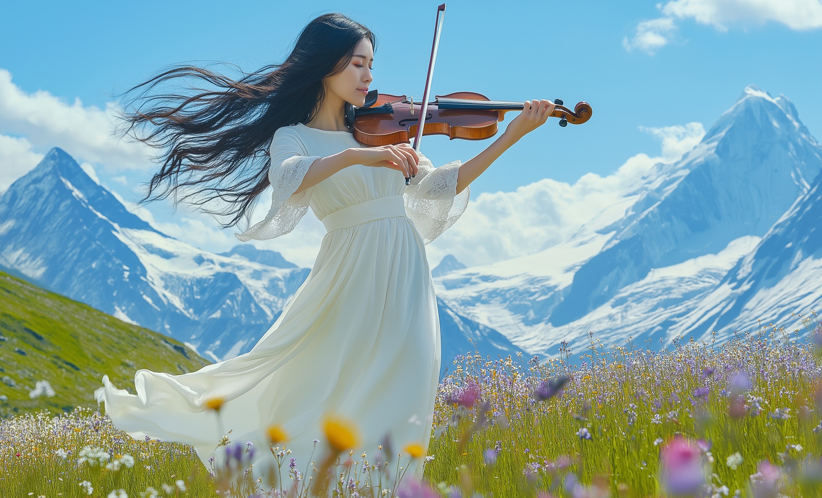Midjourney Image Generation Musician in a mountain valley.