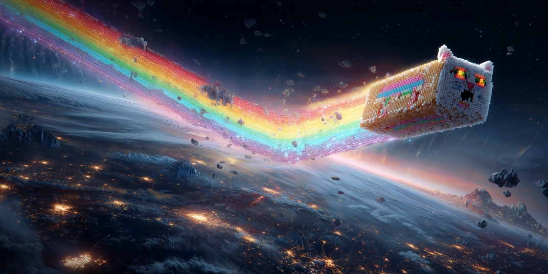 Midjourney Image Generation rainbow cat attacks Earth.